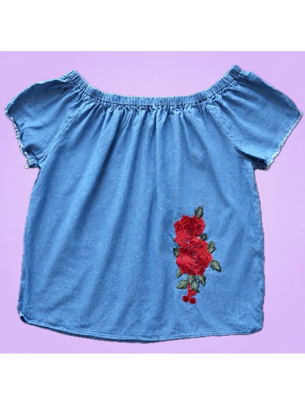 Hester & Orchard Blue Denim Embroidered Rose Off-The-Shoulder Top Size XL